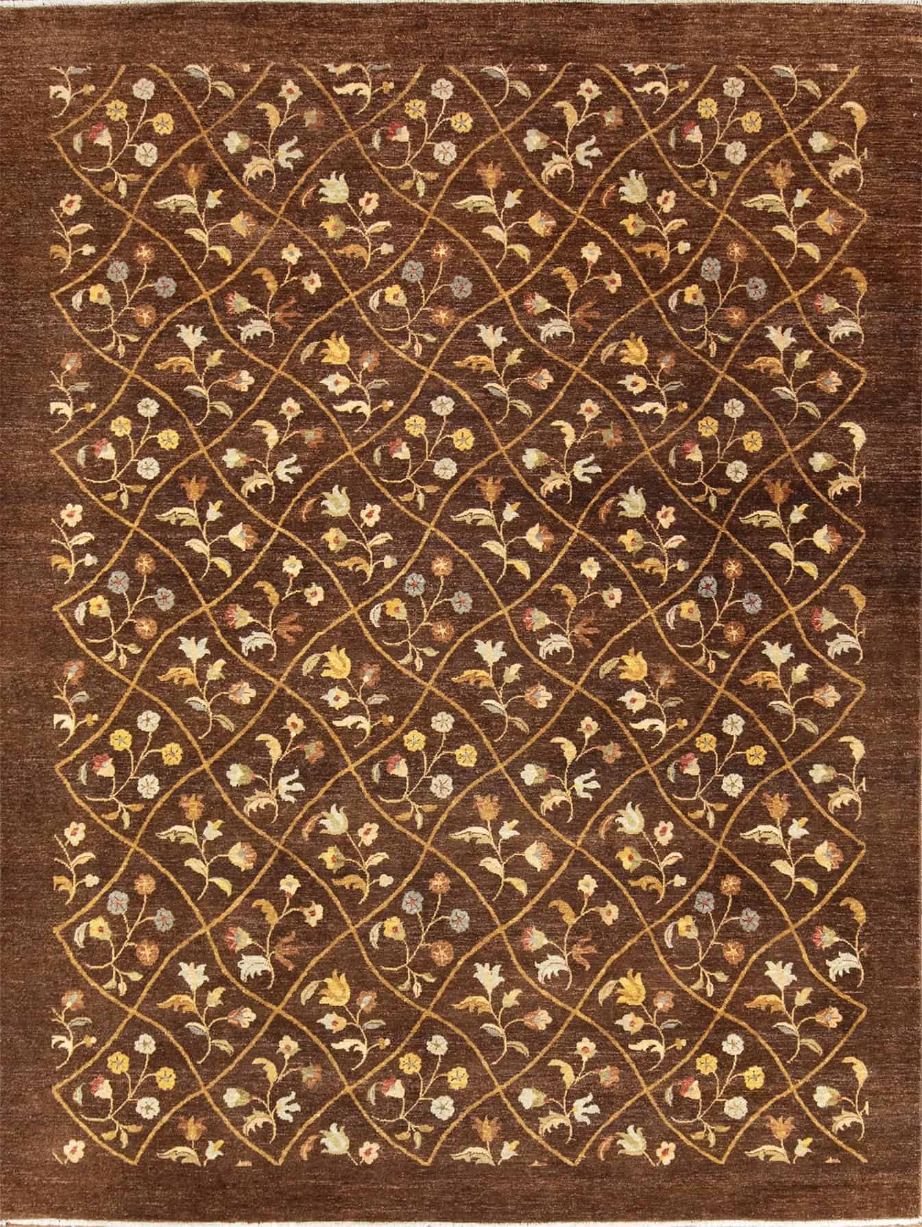 8x10 oriental rug, unique handmade wool floral modern rug in brown color. Size 8x10.