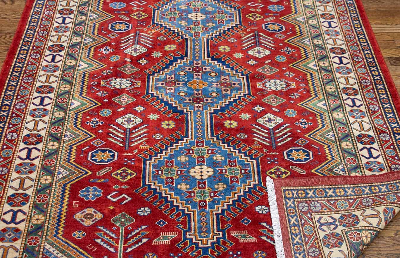 7364- Red oriental rug. Handmade geometric Pakistani Kazak wool oriental rug.  Size 5x6.6.