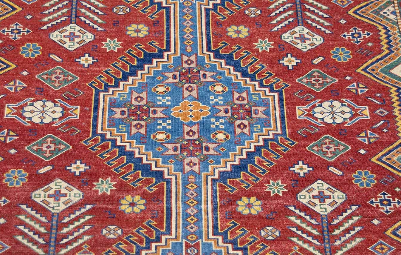 7364- Red oriental rug. Handmade geometric Pakistani Kazak wool oriental rug.  Size 5x6.6. Backside image.