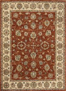 Rust oriental rug. Hand knotted wool transitional Oushak style rug made in India. Size 5.1x6.10.