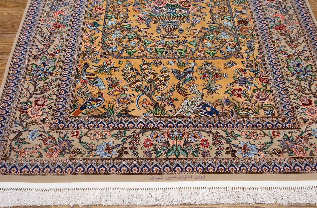 Exclusive rug. Beautiful hand knotted Persian Isfahan rug made of silk and kork wool in gold color. Size 5x7.4