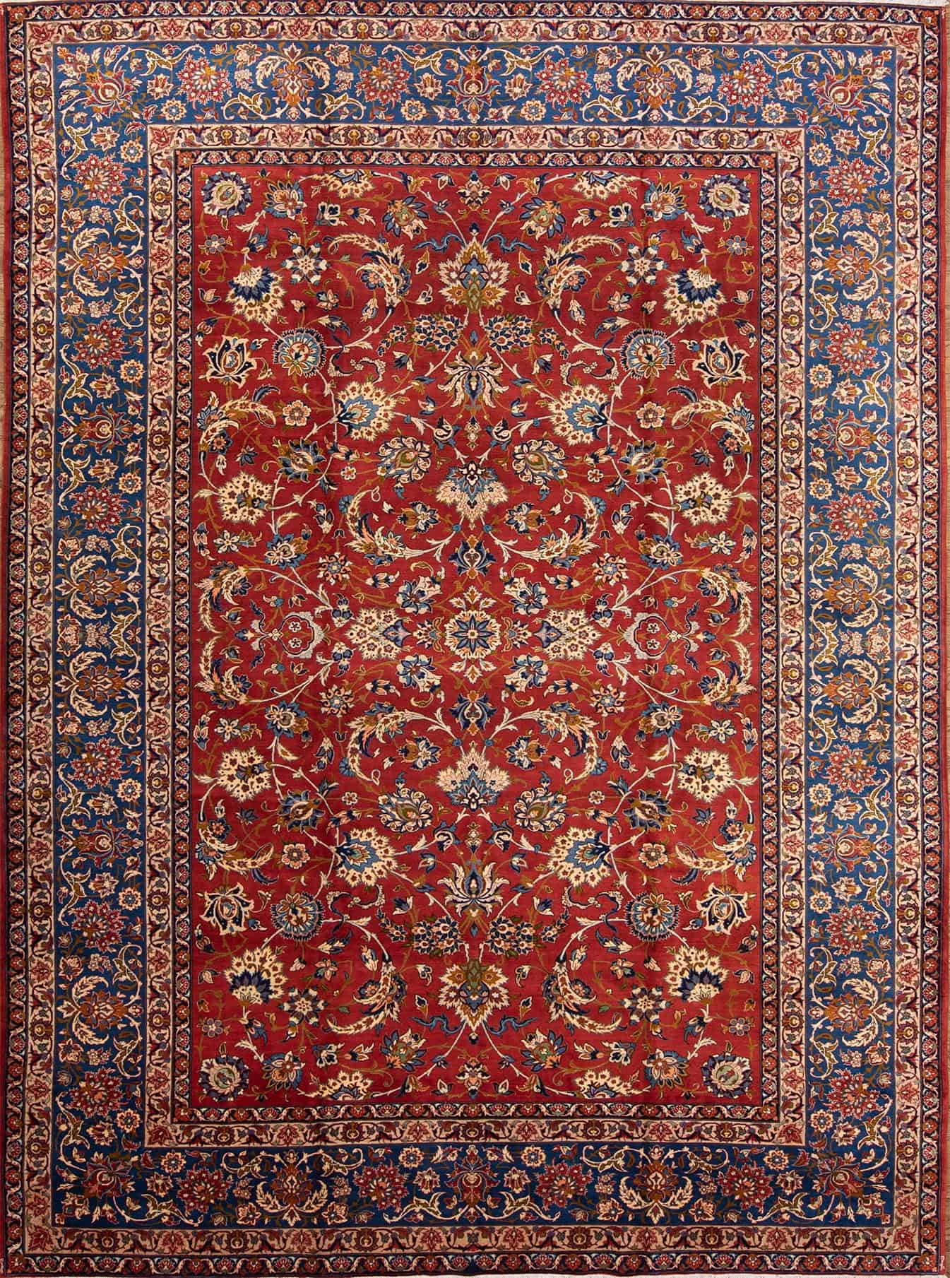 Persian floral rug. Hand knotted Persian Isfahan floral wool rug in orange red and blue colors. Size 10.9x14.6.