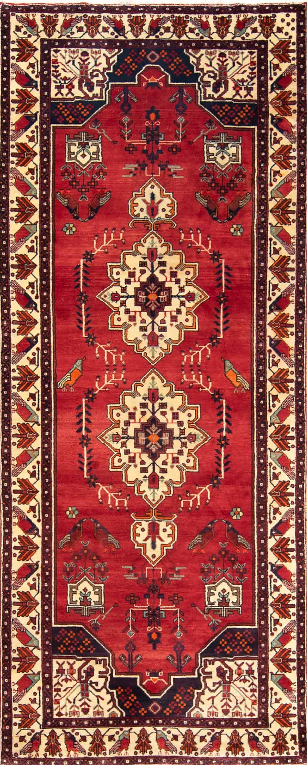 Wide runner rug, Handmade geometric Persian Baluchi runner rug in red color. Size 4.3x10.5