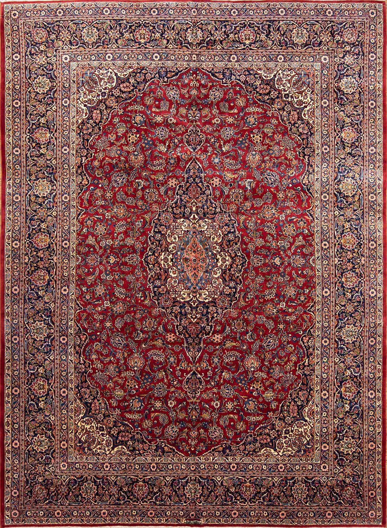 10x13 area rug. Handmade Persian Kashan wool rug for family room in red color.