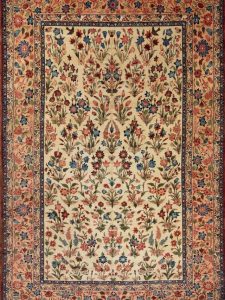 Beautiful floral Persian Najaf Abad rug in Rose and Nightingale design in beige and salmon colors made of wool. size 10.3x16.10.