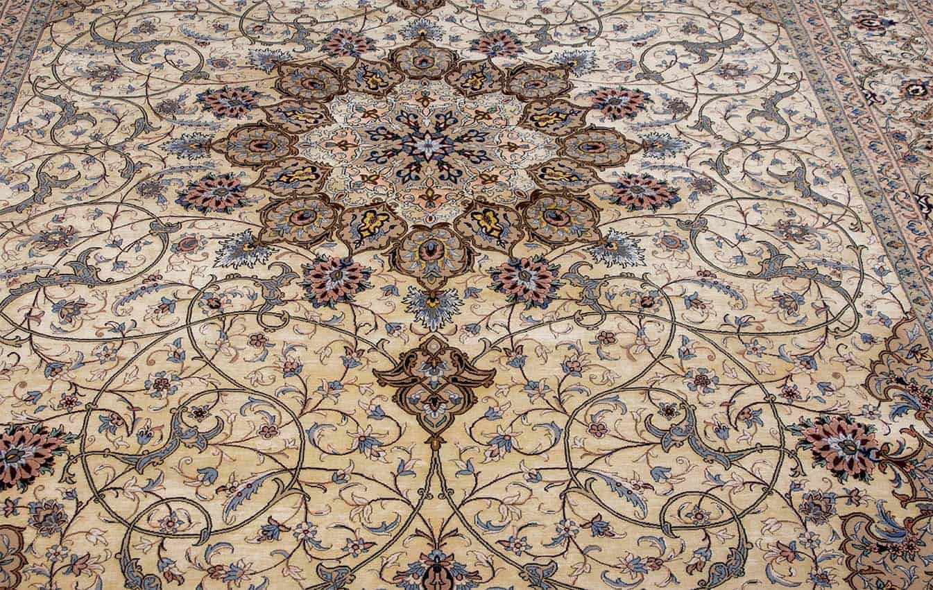 Isfahan silk rug Handmade Persian rug with gold and taupe colors. Size 8.6x12.2