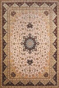 Oversized rugs, luxury fine Persian rug. A beautiful hand knotted authentic Persian Isfahan rug made of kork wool and silk in beige, gold, and maroon colors. 