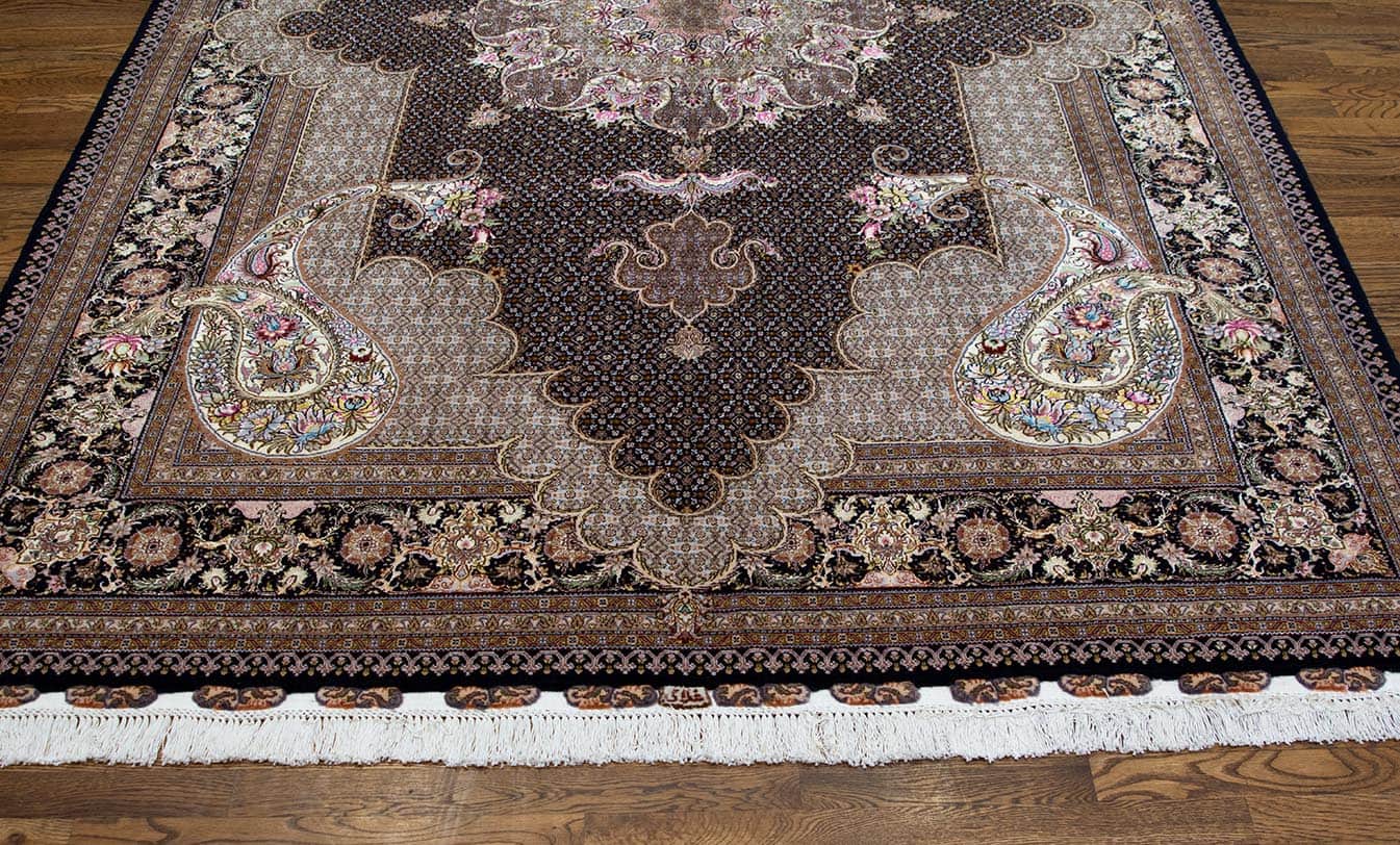 2208- Explore elegant and luxury of black color rug made to impress. Persian wool and silk rug in pure luxury. Size 6.10x10.