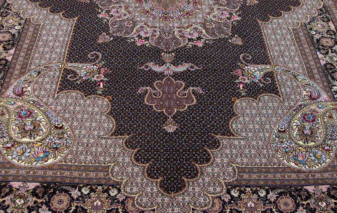 2208- Explore elegant and luxury of black color rug made to impress. Persian wool and silk rug in pure luxury. Size 6.10x10.