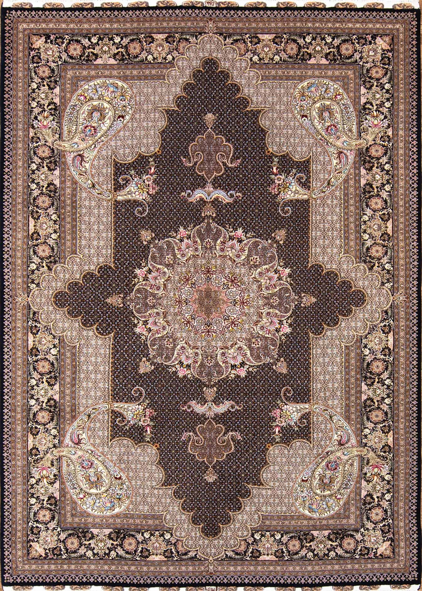 2208- Explore elegant and luxury of black color rug made to impress. Persian wool and silk rug in pure luxury. Size 6.10x10.