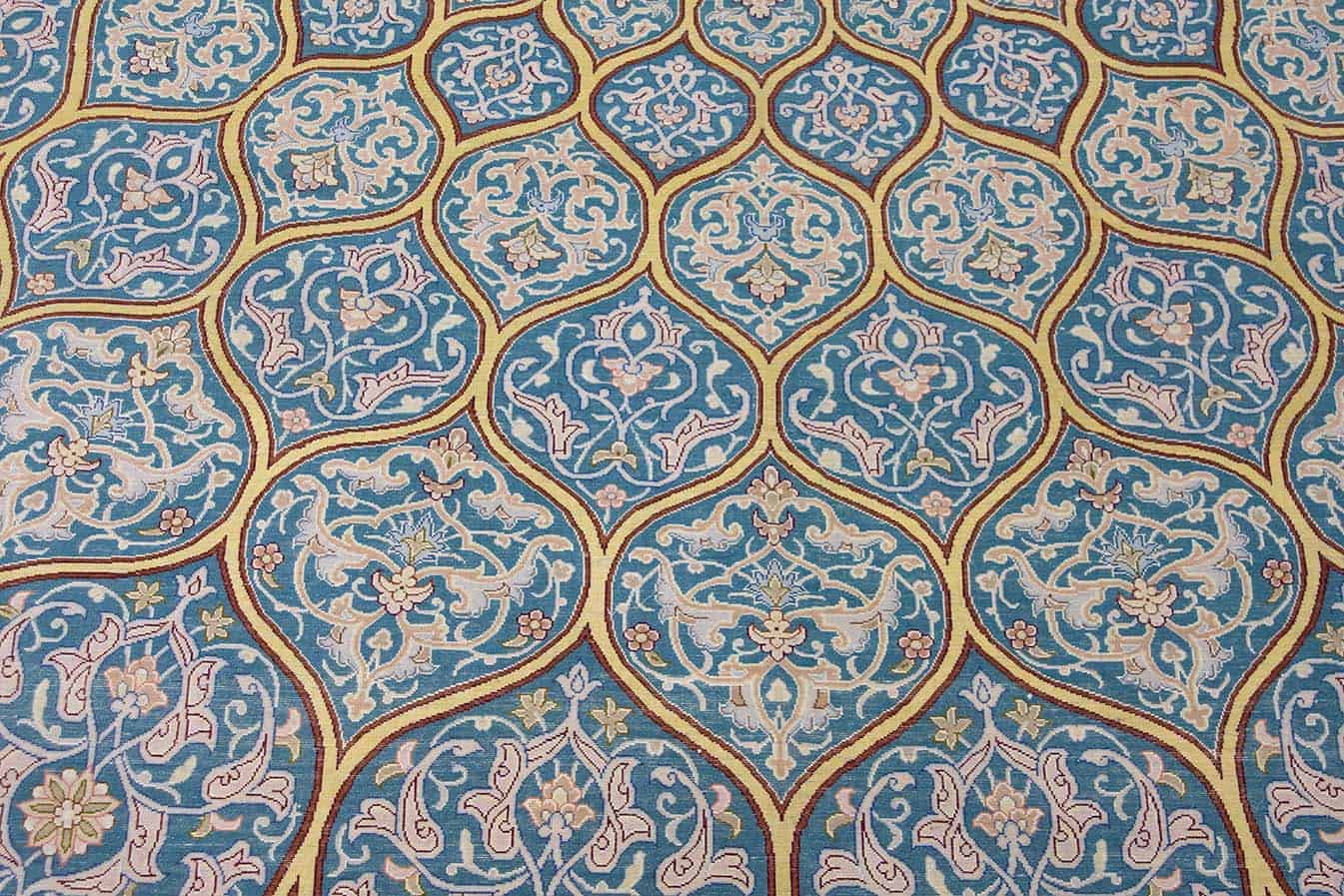 7x10 blue and gold Persian rug. Handmade Persian Isfahan rug with dome design.