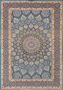 7x10 blue and gold Persian rug. Handmade Persian Isfahan rug with dome design.