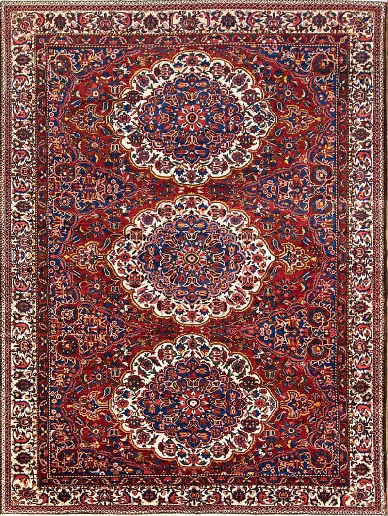 High quality and beautiful hand knotted antique Persian Bakhtiari 10x14 rug with three medallions in red color.
