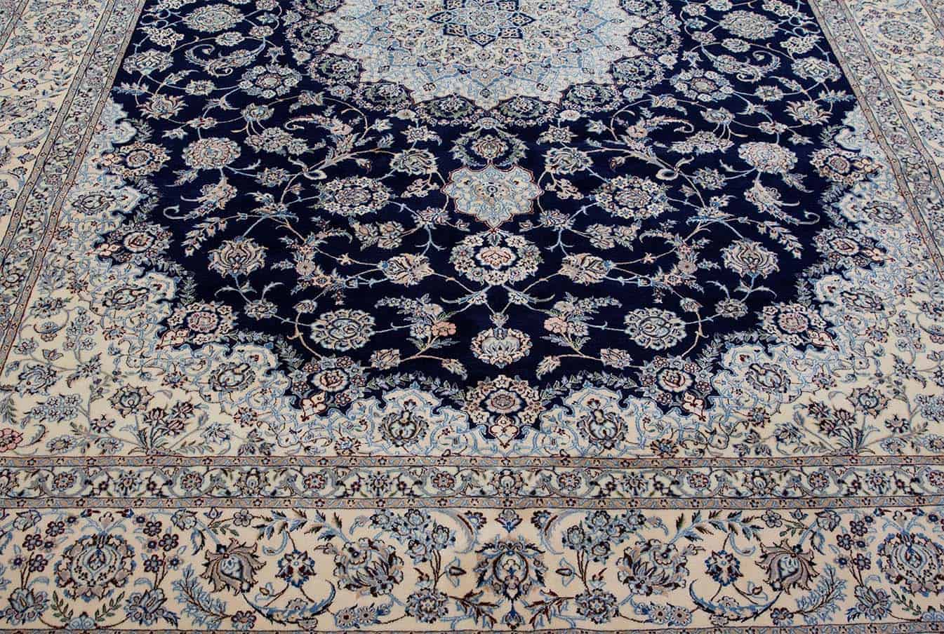 Persian navy blue rug made of wool and silk, handmade Persian Nain rug. Size 8.4x11.5.