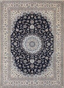 7403- Persian navy blue rug. Handmade floral wool and silk Persian Nain rug. Size 8.4x11.5.