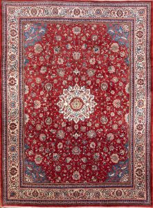 Large area rug. Hand woven floral Persian Sarouk rug in red color made of wool. Size 10.9x14.4.