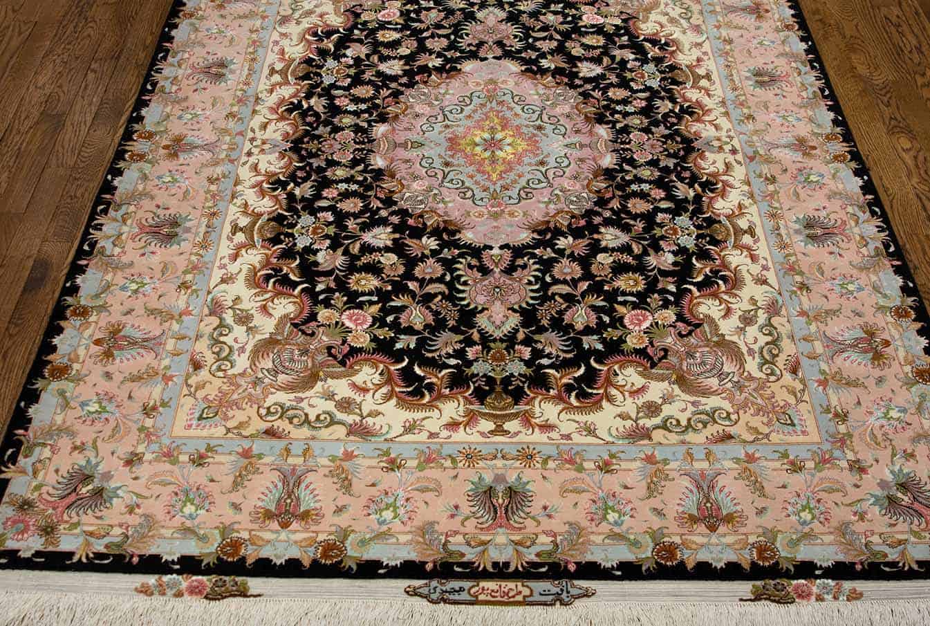 2188- An exquisite black and white Persian Tabriz wool and silk rug masterfully color coordinate. Rug size 5.1x7.
