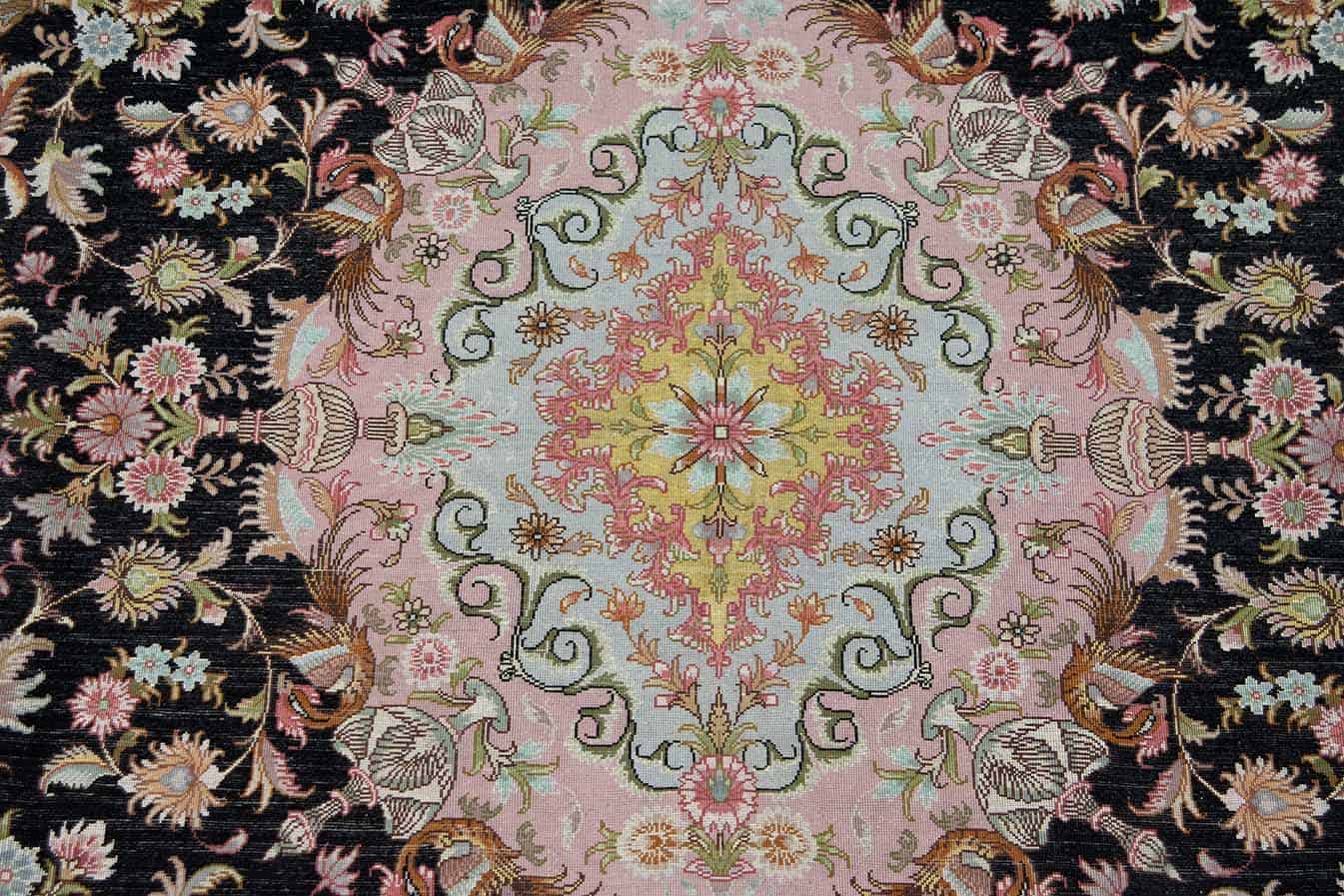 2188- An exquisite black and white Persian Tabriz wool and silk rug masterfully color coordinate. Rug size 5.1x7. Backside image.
