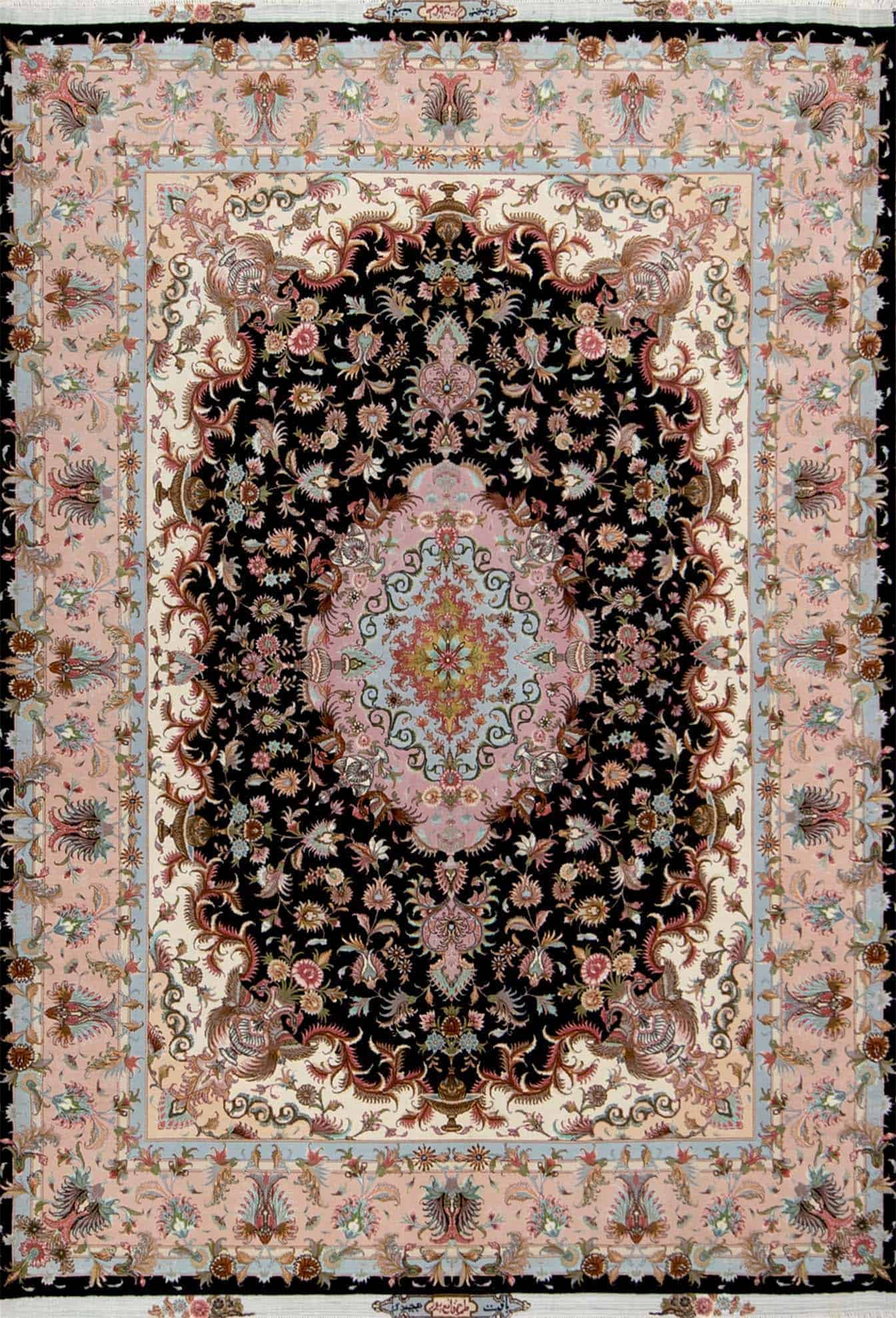 2188- An exquisite black and white Persian Tabriz wool and silk rug masterfully color coordinate. Rug size 5.1x7.