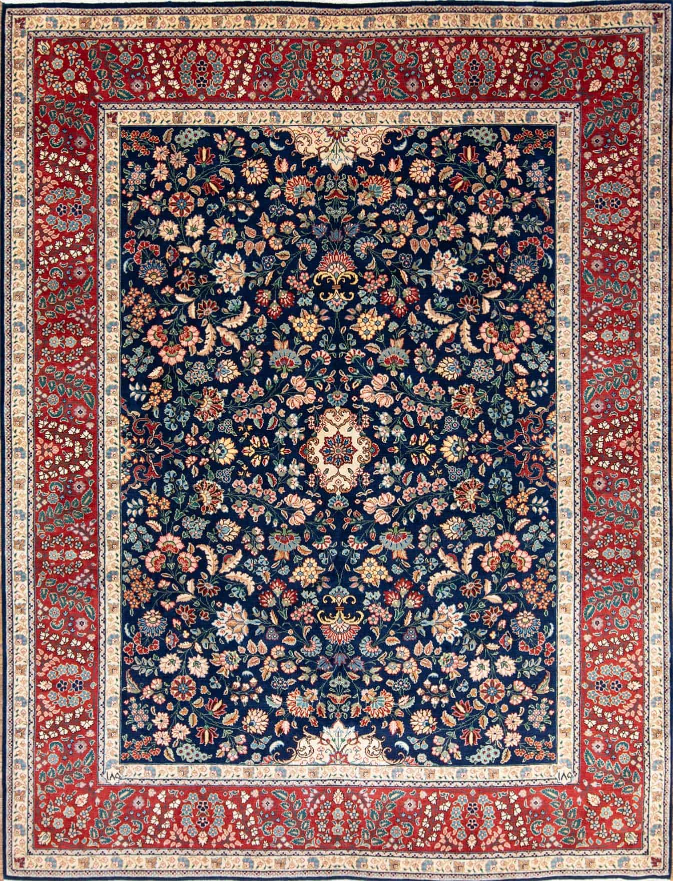 Bue rug, handmade Persian Tabriz wool rug with navy blue background and red border. Size 8.4x11.2