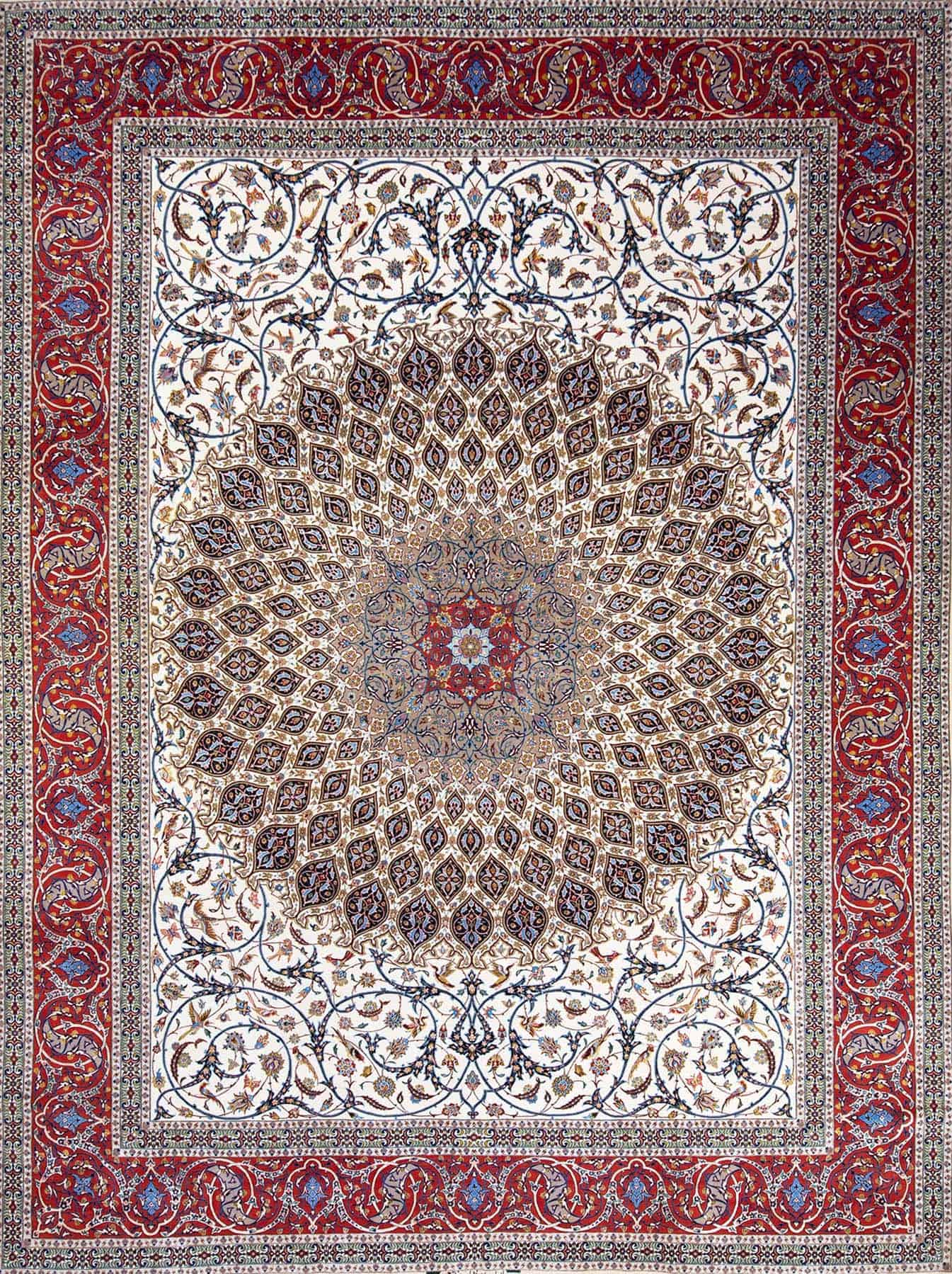 Beautiful Persian rug. Artful Persian Isfahan masterpiece, mandala style with birds and flowers in beige color. Size 10.4x13.8.