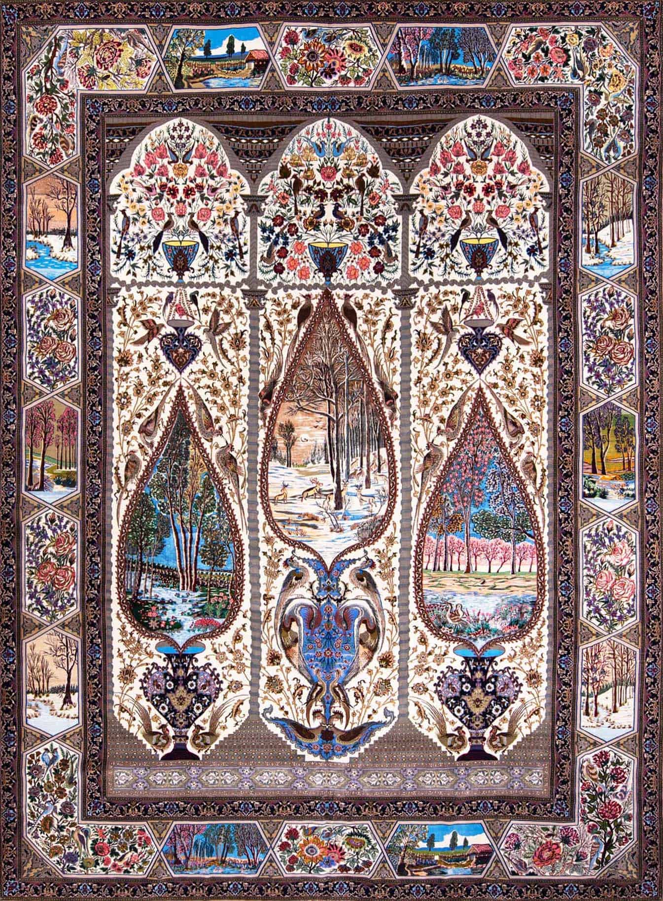 A splendid masterpiece of Isfahan Iran, hand knotted multi color Persian Isfahan wool and silk rug. Size 11.9x16.