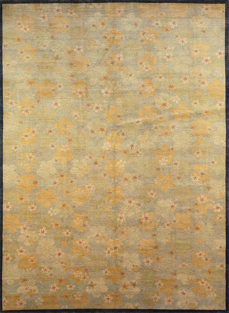 Wool flower rug modern style rug with olive green color in the main field. Size 8.7x11.7.