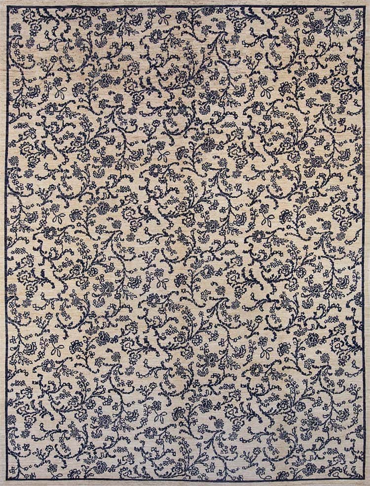 Borderless 9x12 rug in floral modern style in pastel and purplish charcoal gray made of wool.