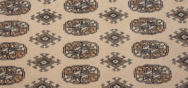 Bokara rug 8x10, traditional style elephant footprint rug in beige color made in Pakistan.