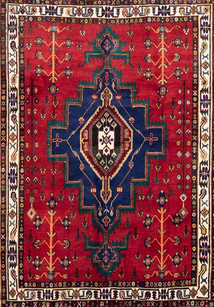 Southwest rug, handmade traditional Persian rug in red and blue colors made from wool. Size 5.9x7.9.