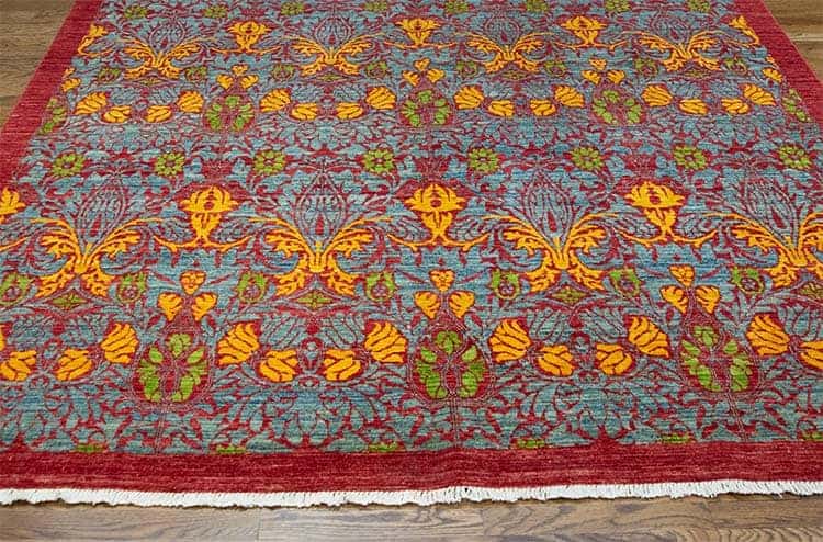 Red and yellow rug, quality handmade designer rug made from fine wool crafted in Pakistan. Size 7.10x9.9.