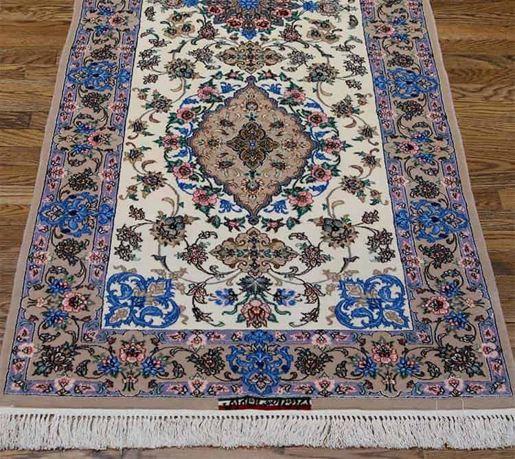 Handmade Persian Isfahan hallway runner rug for dark hallway, floral style in beige color. Size 2.9x10.10.