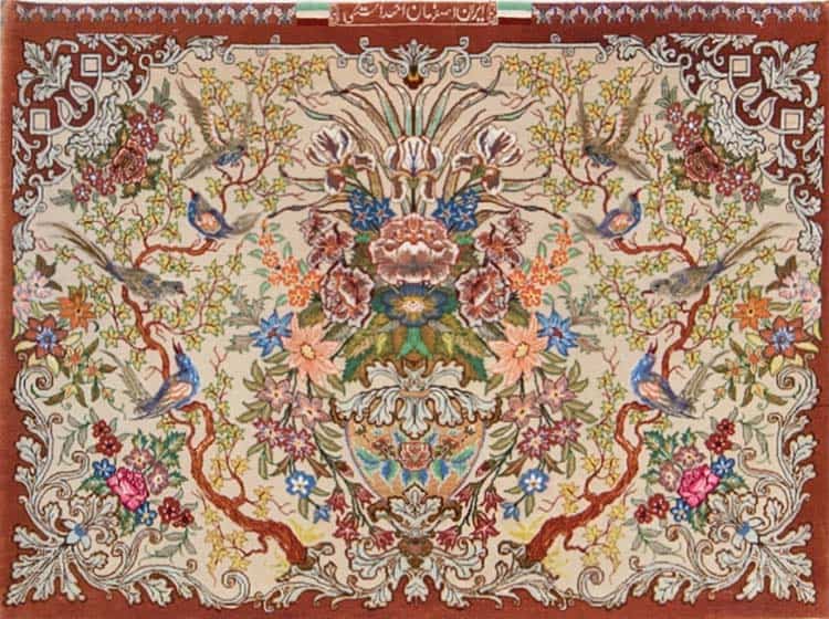 Small area rugs, horizontal Persian Isfahan rug in beige and terracotta colors. Size 3.3x2.6.