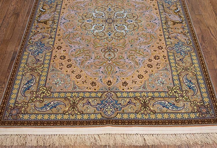 Silk Persian rug, multicolor vegetable dyed handmade Persian Isfahan rug. Size 4.4x6.6