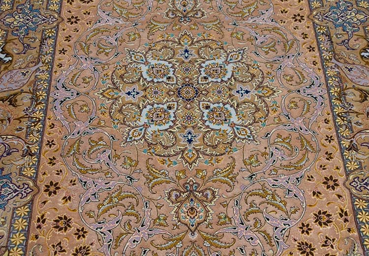 Silk Persian rug, multicolor vegetable dyed handmade Persian Isfahan rug. Size 4.4x6.6