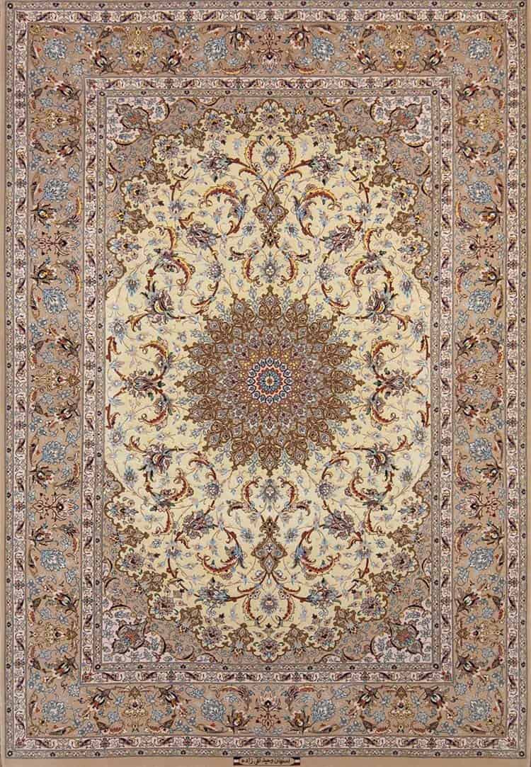 1117- Yellow rug, small Persian Isfahan silk and wool area rug. size 5.1x7.4.