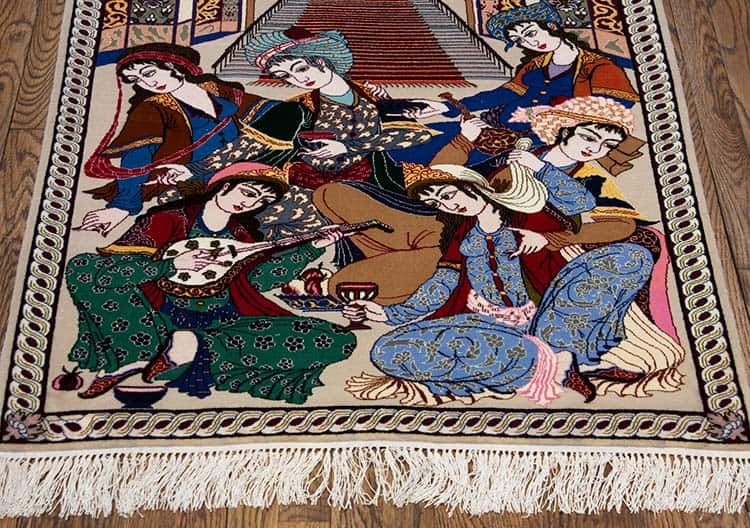 Pictorial rug, poetic scenery rug, hand knotted Persian Isfahan rug made from the finest kork wool. Size 2.9x4.4.