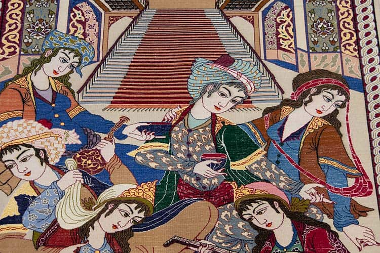Pictorial rug, poetic scenery rug, hand knotted Persian Isfahan rug made from the finest kork wool. Size 2.9x4.4.