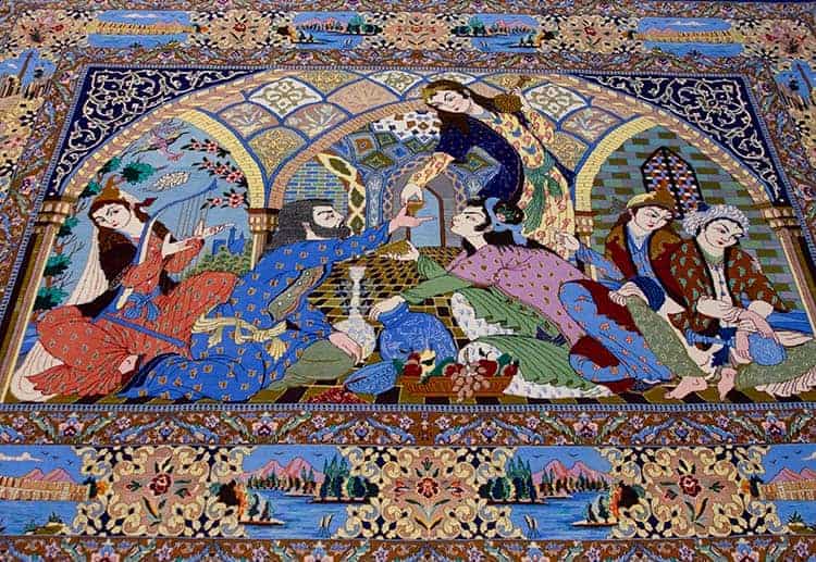 1198- Persian poetic rug, handmade Persian Isfahan horizontal rug illustrating romantic gathering scene. Size 7.3x5.3.