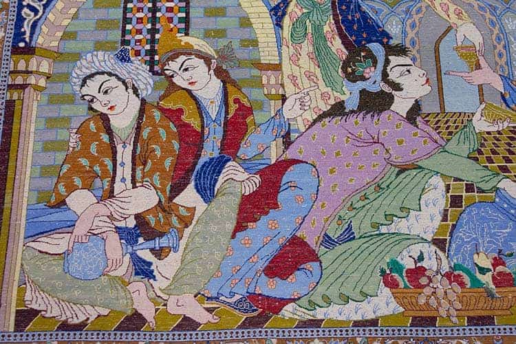 1198- Persian poetic rug, handmade Persian Isfahan horizontal rug illustrating romantic gathering scene. Size 7.3x5.3. Backside image.