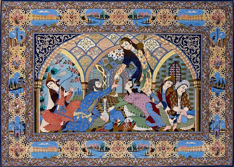 Persian poetic rug, handmade Persian Isfahan horizontal rug illustrating a gathering scene. Size 7.3x5.