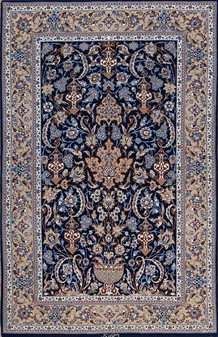 Esfahan carpets, navy blue Persian rug made from kork wool and silk. Rug size 3.10x6.