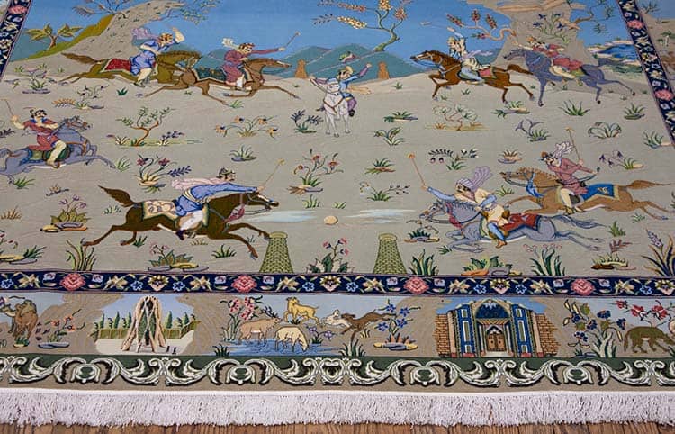 Magnificent Polo rug, a precious souvenir that resonates with the passion of polo lovers. Handmade Persian rug with polo scene. Rug size 6.9x5.
