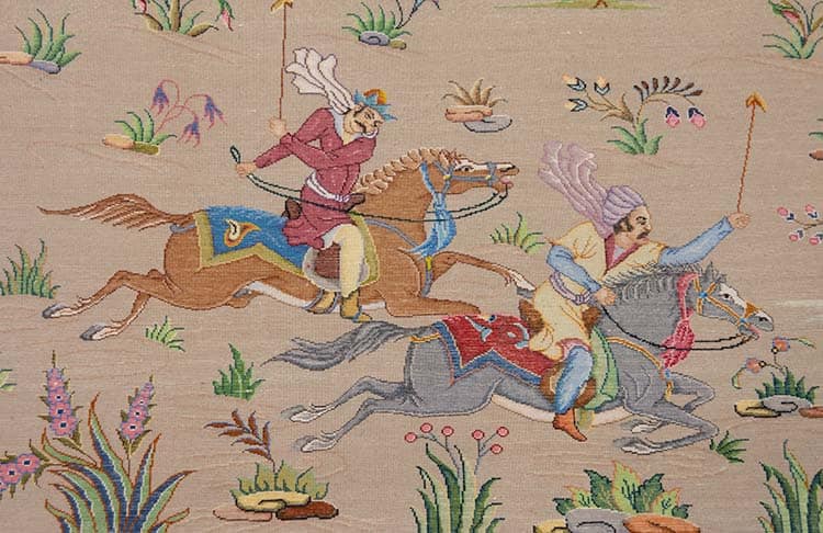 Magnificent Polo rug, a precious souvenir that resonates with the passion of polo lovers. Handmade Persian rug with polo scene. Rug size 6.9x5.