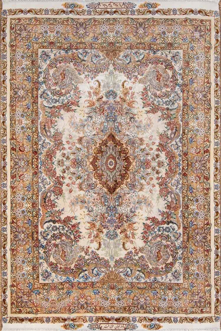Silk Persian carpet in beige and brown colors. Floral hand woven Iranian carpet. Size 4.10x7.3.