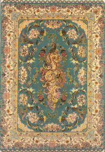 2751- Handmade Persian rug, beautiful teal green wool and silk Persian Tabriz rug by Shir Far. Size 5.2x7.4.