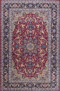 Area rugs for living room, fine quality handmade red area rug with navy blue border made from kork wool and silk. Size 6.8x10.4.