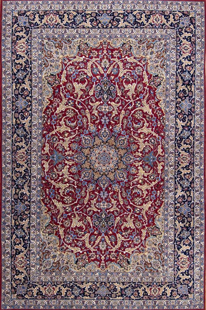Area rugs for living room, fine quality handmade red area rug with navy blue border made from kork wool and silk. Size 6.8x10.4.