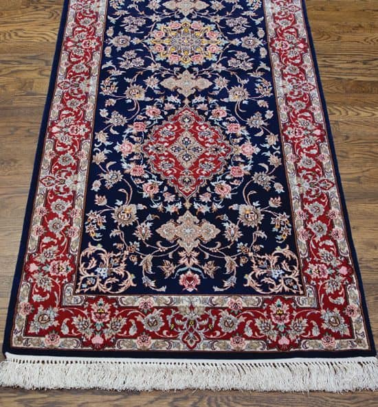 7543- Staircase runner rugs, fine quality handmade floral kork wool and silk Isfahan Persian runner rug. Size 2.8x13.4.