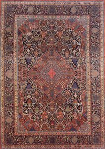 Highly intricate antique Persian Kashan Dabir rug with medallion. Dabir Kashan rug in navy blue and red colors. Size 9.1x13.